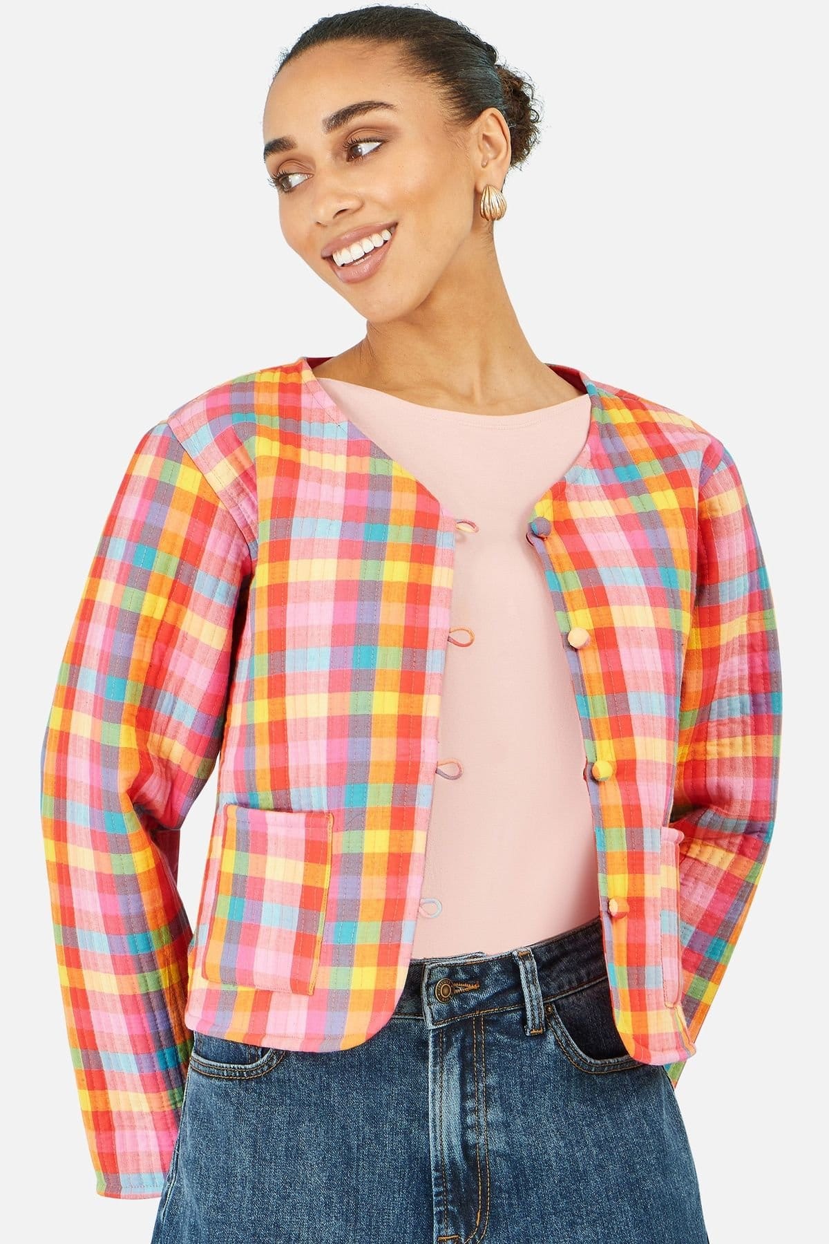 Yumi Yumi Women's Multicolour Checked Reversible Cotton Quilted Jacket in Raspberry - 4