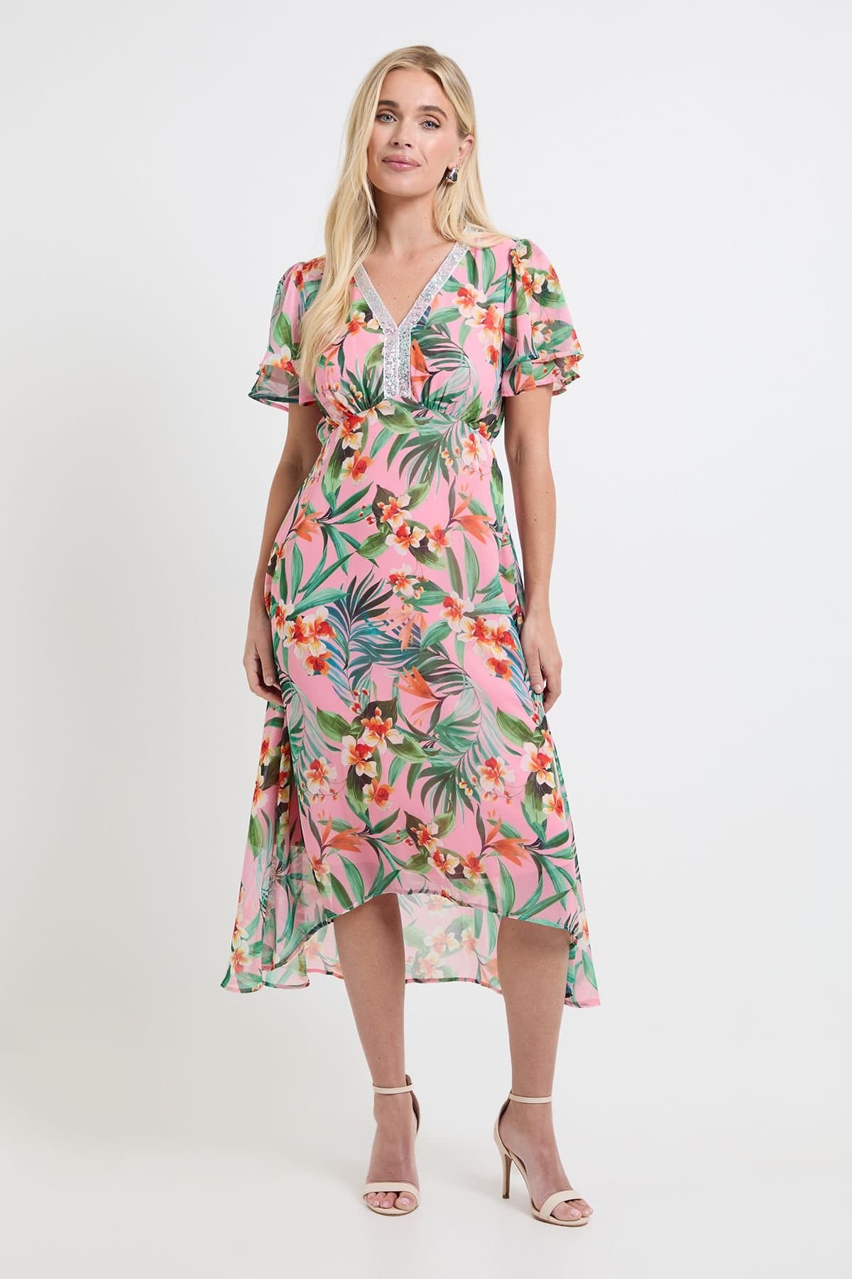 Wallis Wallis Women's Petite Floral Chiffon Sequin Insert Midi Dress in Pink