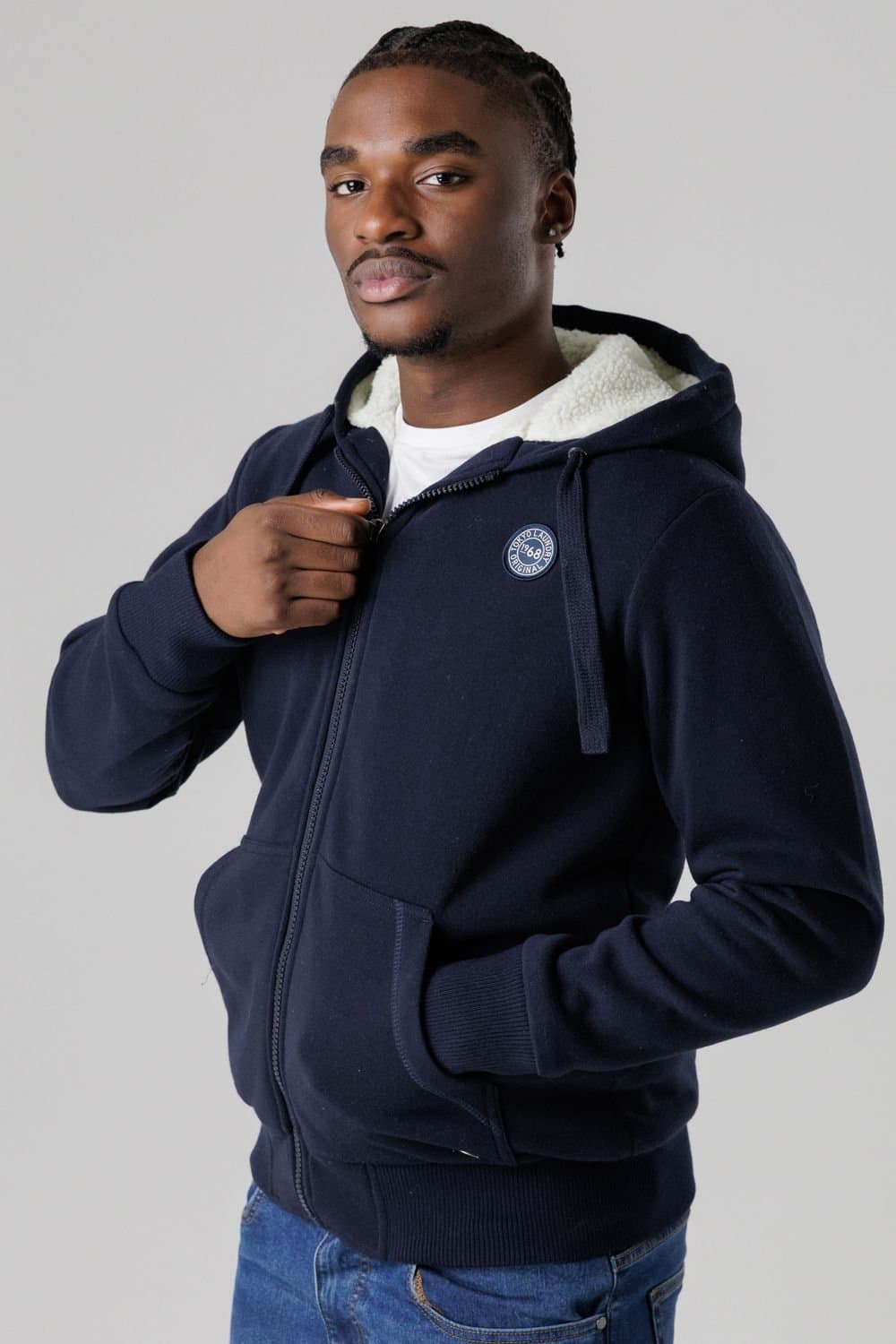 Tokyo Laundry Tokyo Laundry Men's Brushed Back Fleece Zip-Through Hoody with Borg Lining in Dark Navy