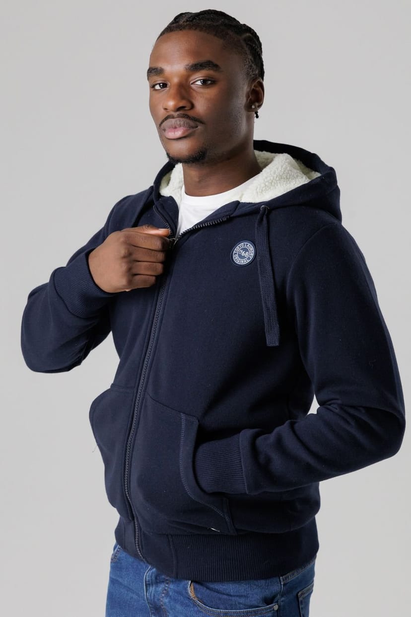 Tokyo Laundry Tokyo Laundry Men's Brushed Back Fleece Zip-Through Hoody with Borg Lining in Dark Navy - 1