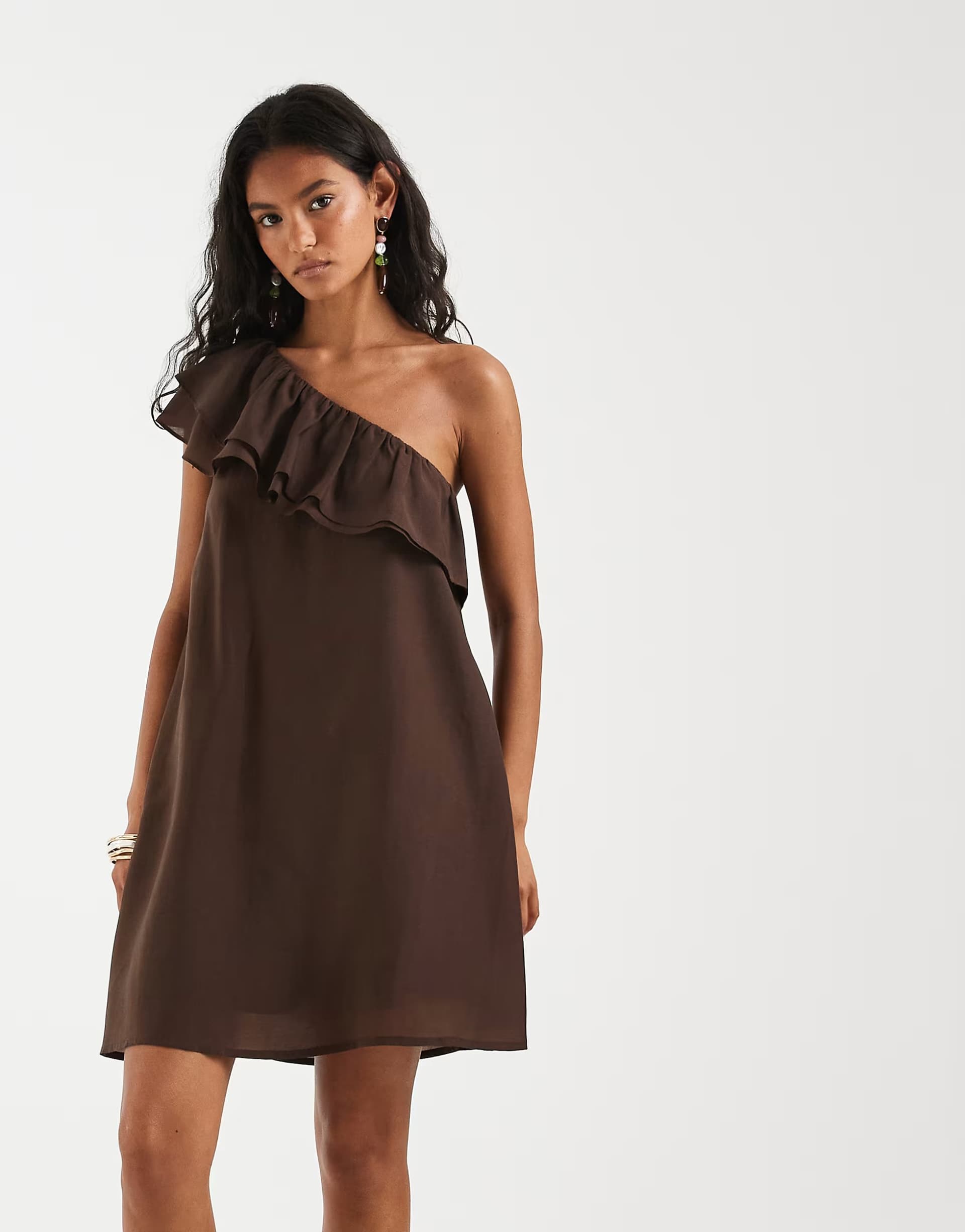 ASOS Pieces one shoulder frill trim mini dress in coffee brown