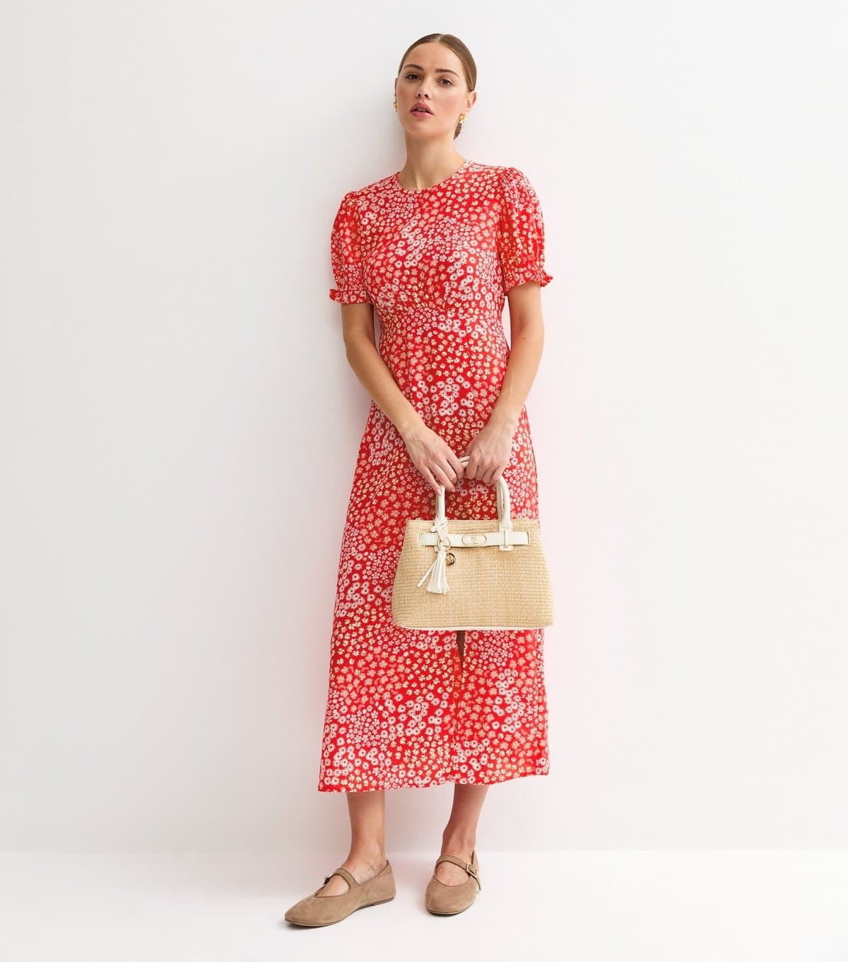 New Look Women's Red Crepe Floral Print Mix Short Sleeve Midi New Look