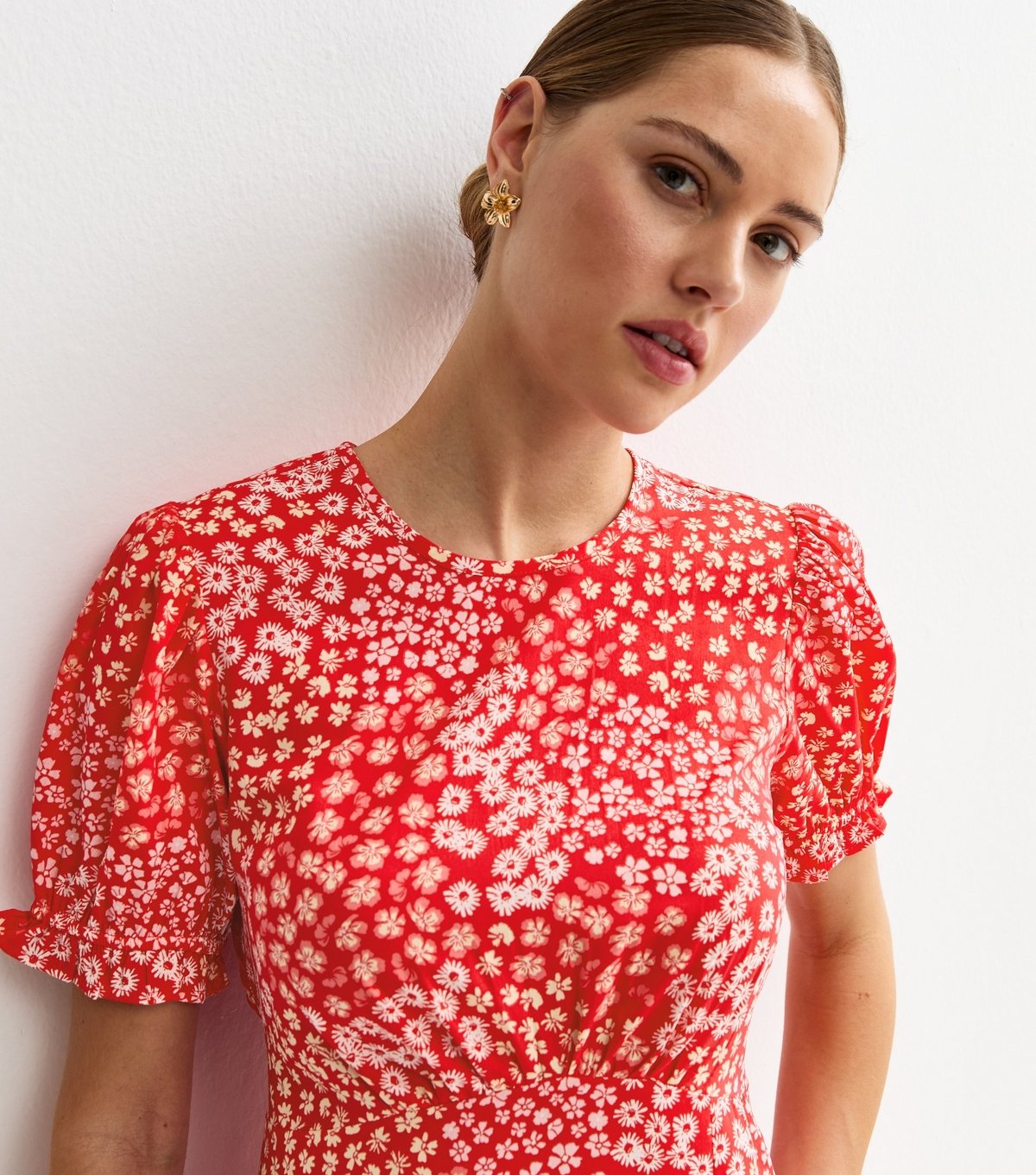 New Look Women's Red Crepe Floral Print Mix Short Sleeve Midi New Look - 3