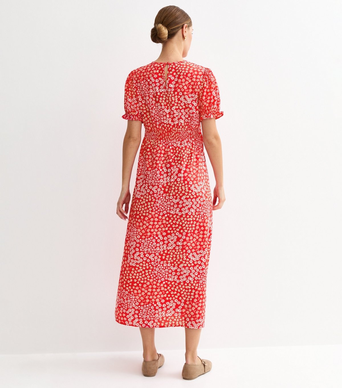 New Look Women's Red Crepe Floral Print Mix Short Sleeve Midi New Look - 4