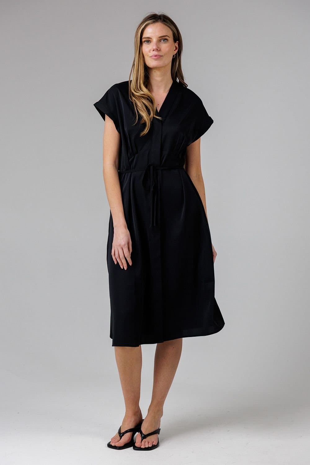 French Connection French Connection Black Satin V-Neck Midi Dress