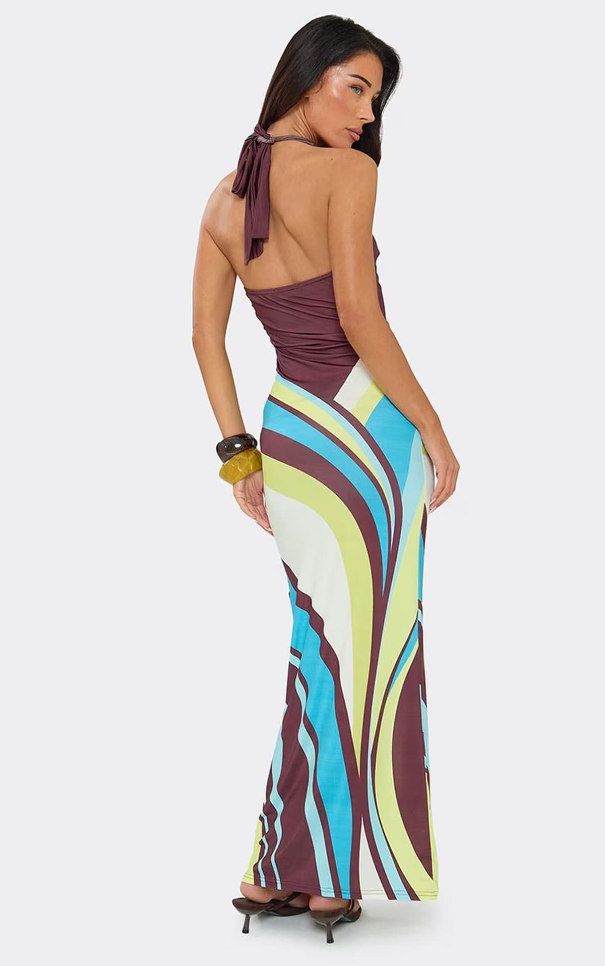 EGO Plunge Halterneck Maxi Dress In Brown Multi Abstract Print, Women's Size UK 6