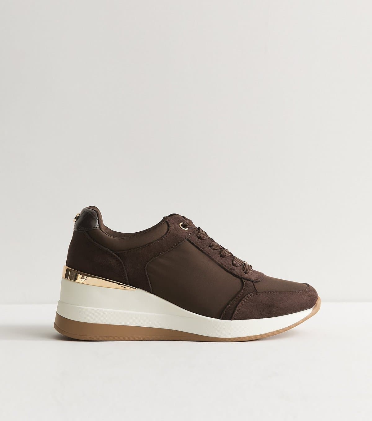New Look Women's Dark Brown Faux Suede Wedge Heel Lace Up Trainers Vegan New Look