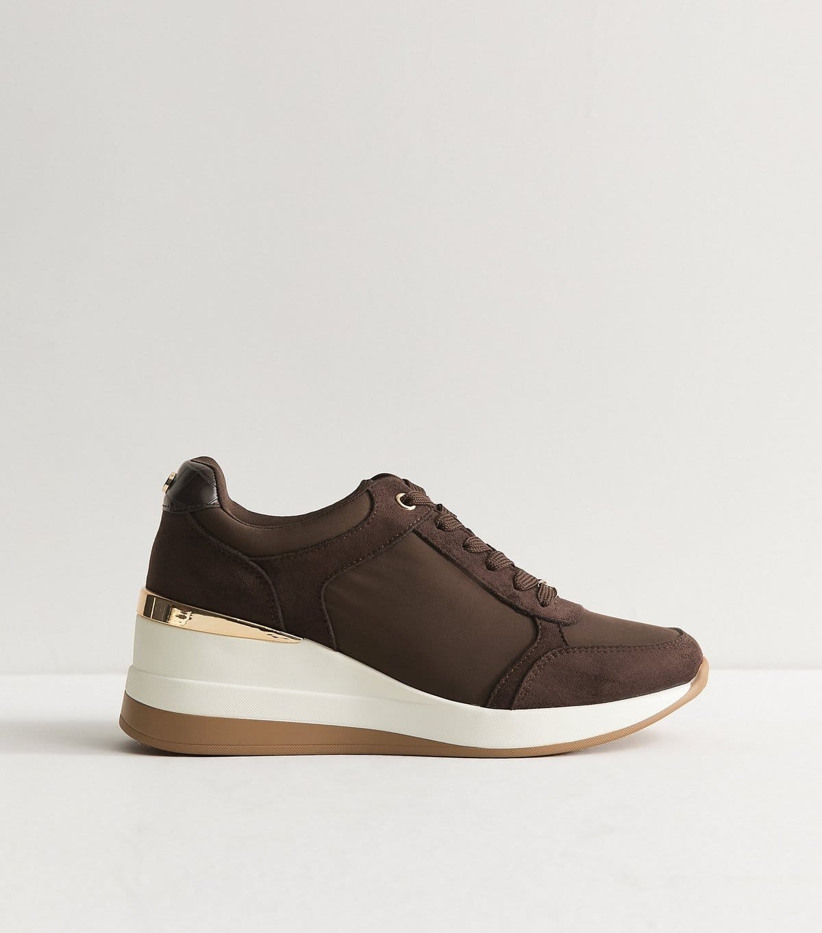 New Look Women's Dark Brown Faux Suede Wedge Heel Lace Up Trainers Vegan New Look - 1
