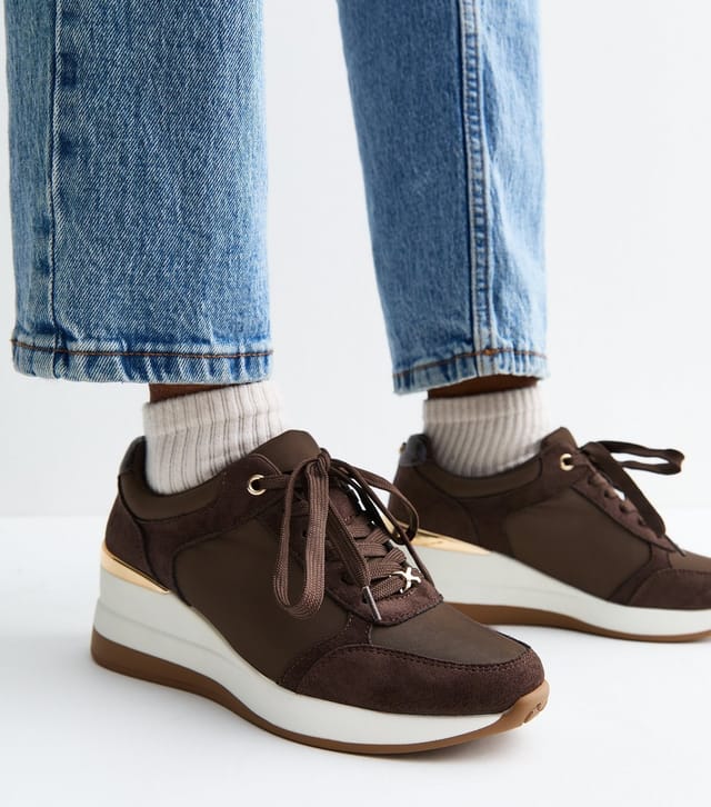 New Look Women's Dark Brown Faux Suede Wedge Heel Lace Up Trainers Vegan New Look - 2