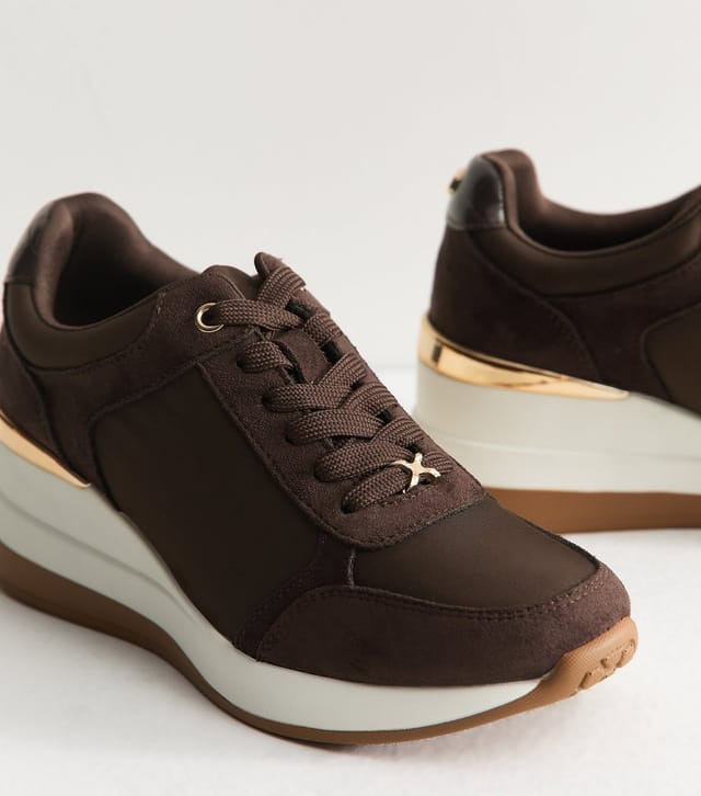 New Look Women's Dark Brown Faux Suede Wedge Heel Lace Up Trainers Vegan New Look - 3