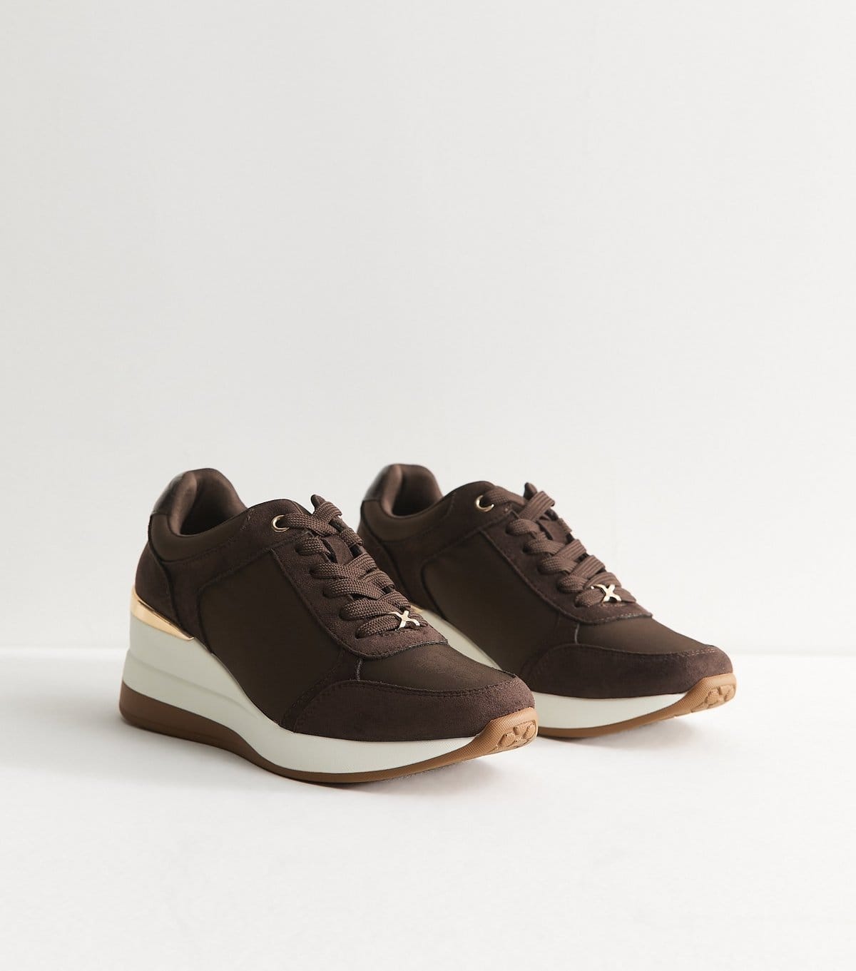 New Look Women's Dark Brown Faux Suede Wedge Heel Lace Up Trainers Vegan New Look - 4