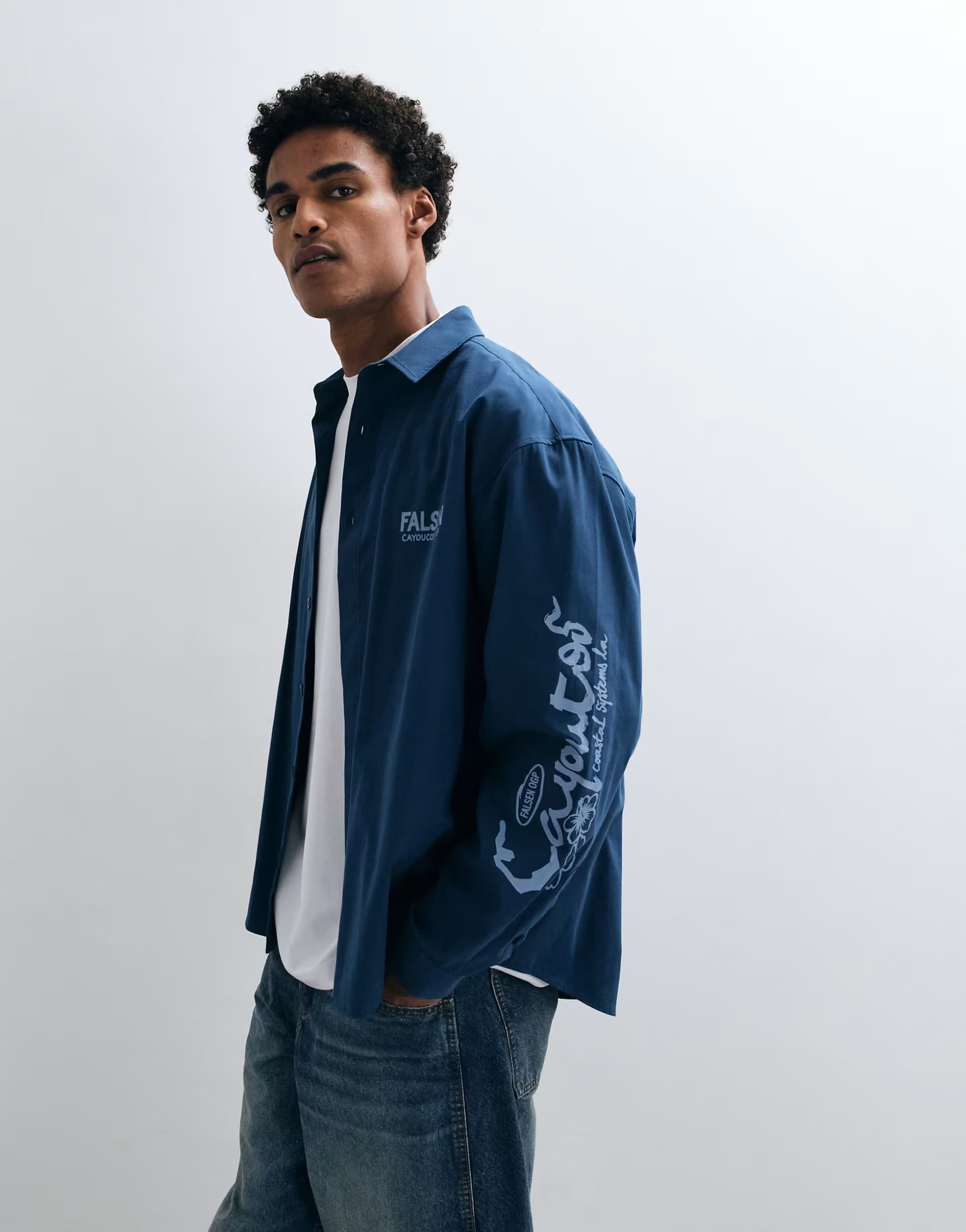 ASOS ASOS DESIGN oversized poplin shirt with placement prints in blue