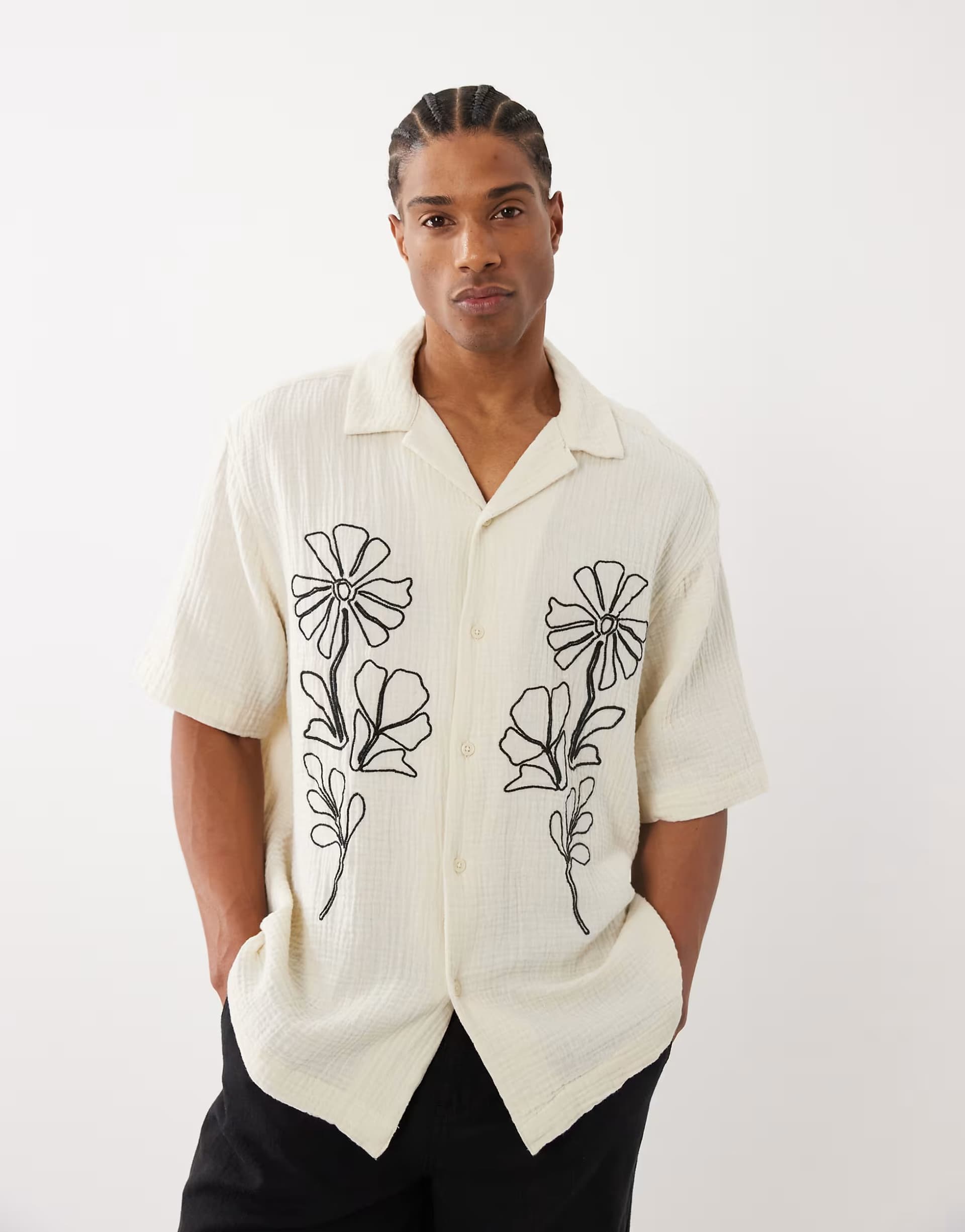 ASOS ONLY & SONS relaxed fit textured short sleeve shirt in cream with black floral embroidery