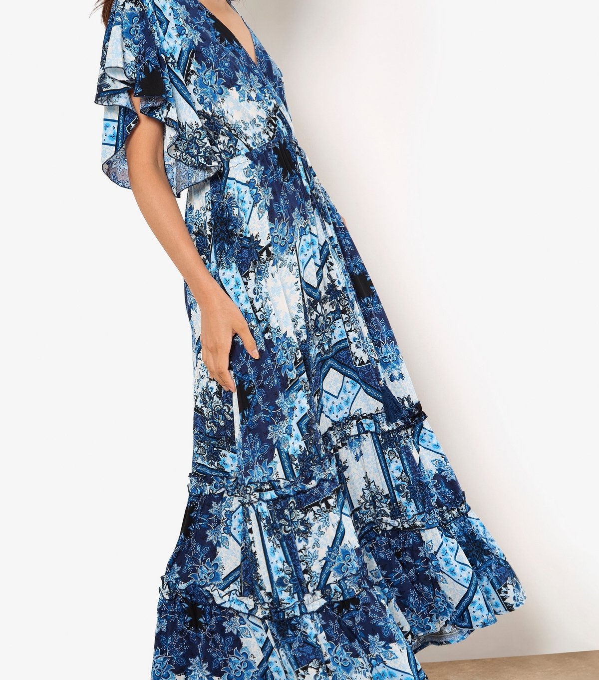 Apricot Women's Blue Patchwork Print Ruffle Trim Midi Dress Apricot New Look - 2