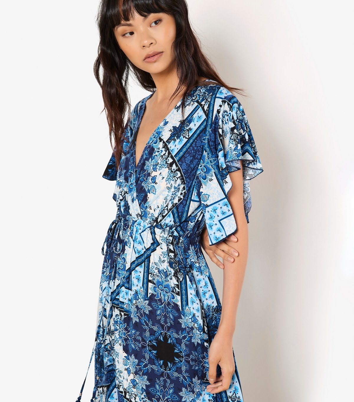 Apricot Women's Blue Patchwork Print Ruffle Trim Midi Dress Apricot New Look - 4