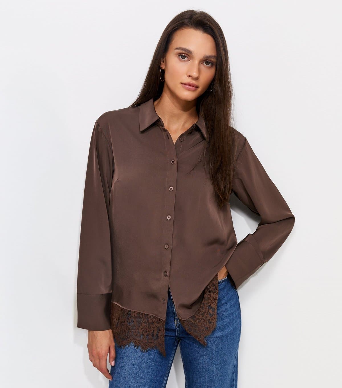 New Look Women's Dark Brown Lace Trim Longline Shirt New Look