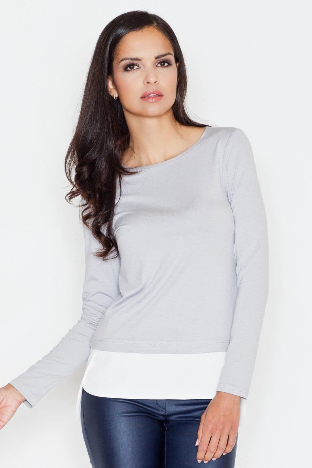 Love Lace Love Lace Grey Long Sleeve Blouse with Contrast Trim