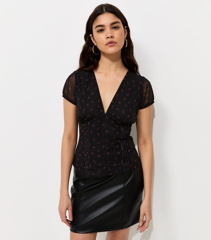 New Look Women's Black Mesh Ditsy Floral V-Neck Top New Look - 1