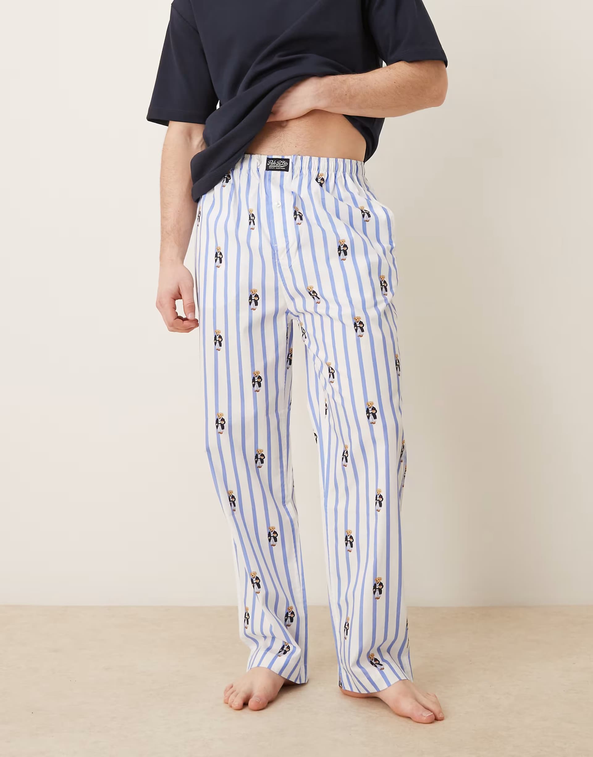 ASOS Polo Ralph Lauren bear graphic sleep trouser in blue stripe