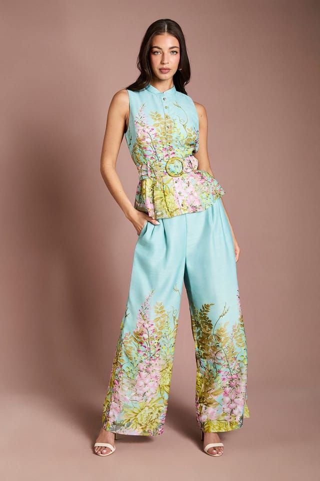 Coast Coast Women's Placement Print Button Through Belted Blouse in Duck Egg Blue - 2
