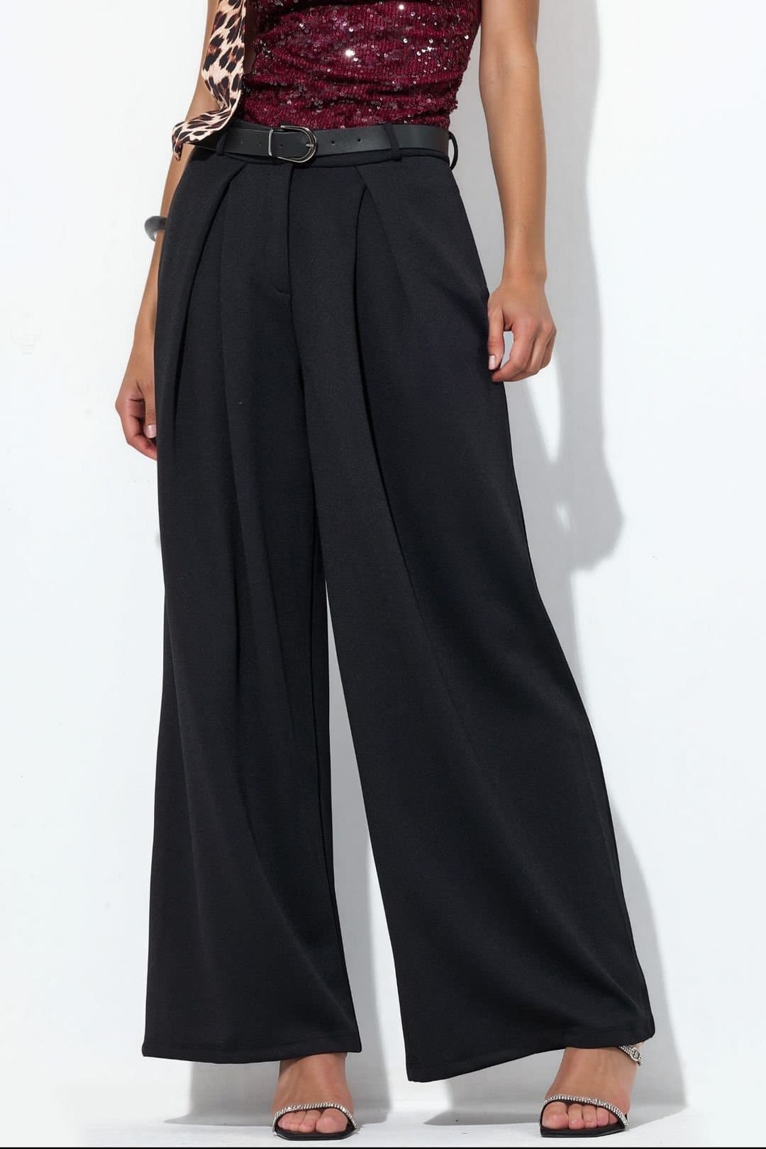 Busem Busem Women's High-Waist Wide-Leg Crepe Trousers With Belt in Black