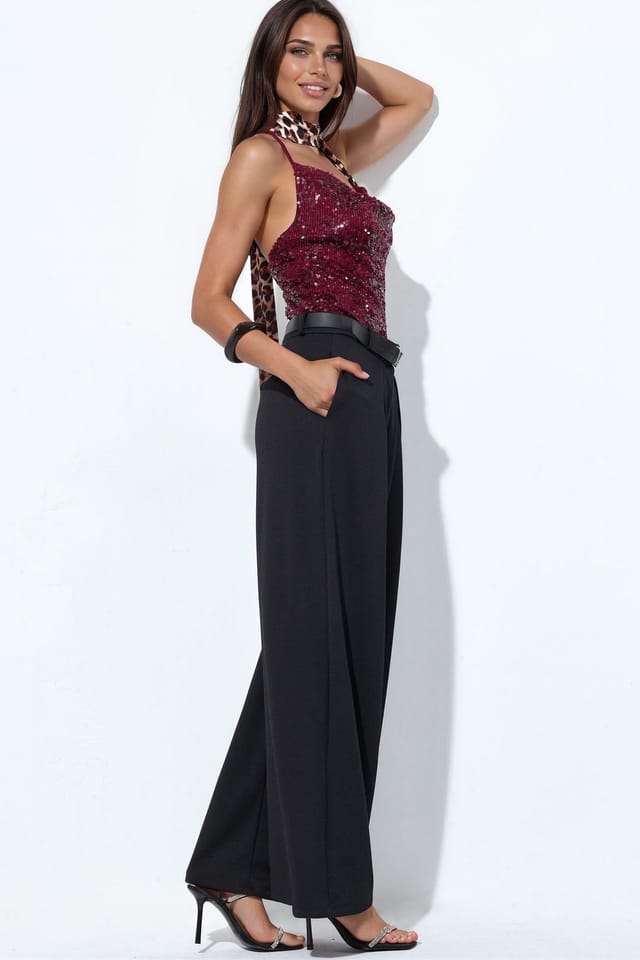 Busem Busem Women's High-Waist Wide-Leg Crepe Trousers With Belt in Black - 2