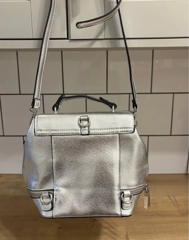 Faith Faith Y2K Silver Metallic Crossbody Backpack Bag Rare 2000s Mini Rucksack Festival Coquette