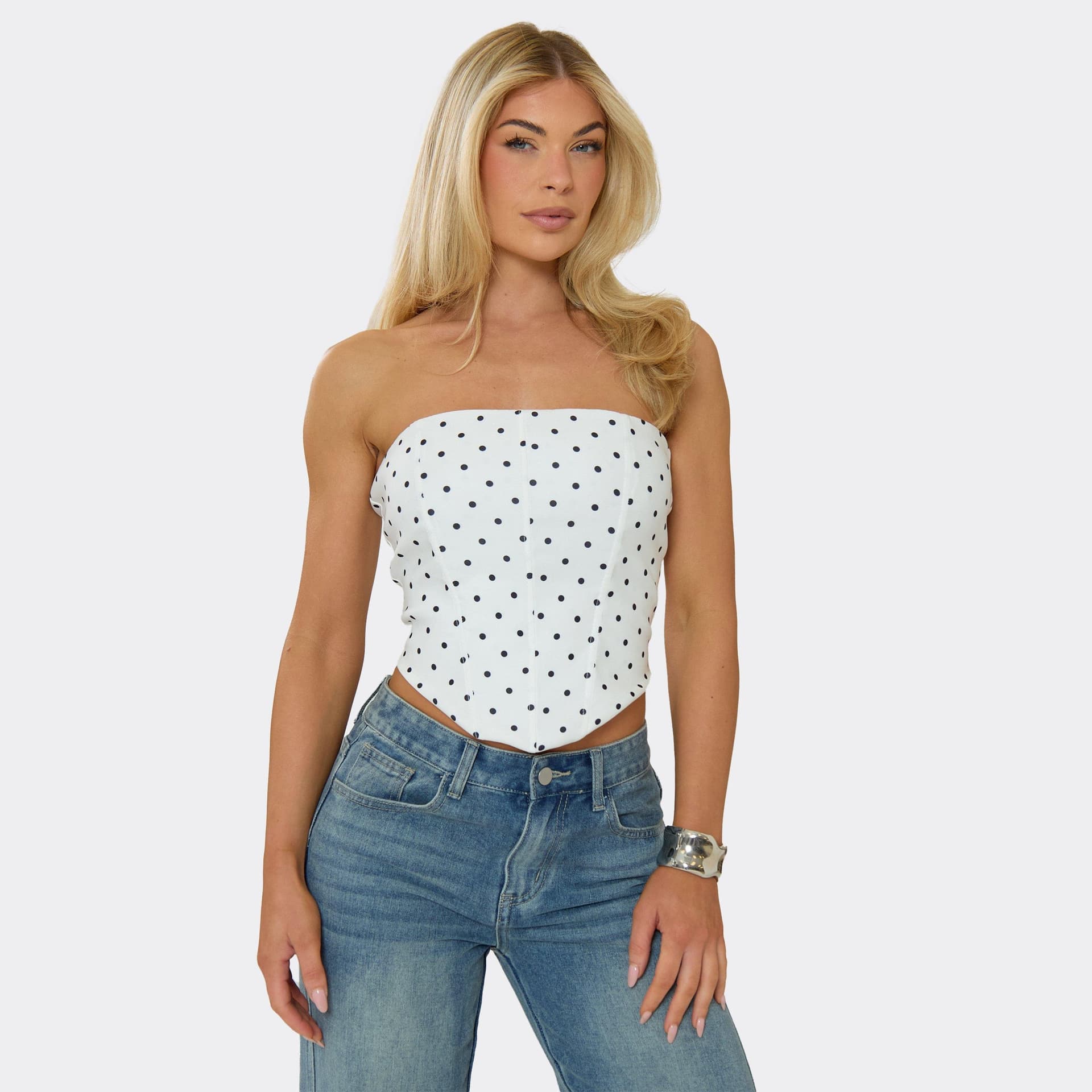 EGO Bandeau Dipped Hem Corset Top In White Polka Dot, Women's Size UK 6