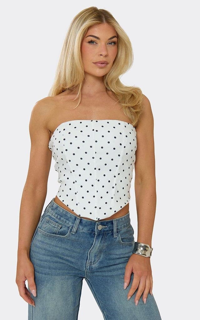EGO Bandeau Dipped Hem Corset Top In White Polka Dot, Women's Size UK 6 - 2