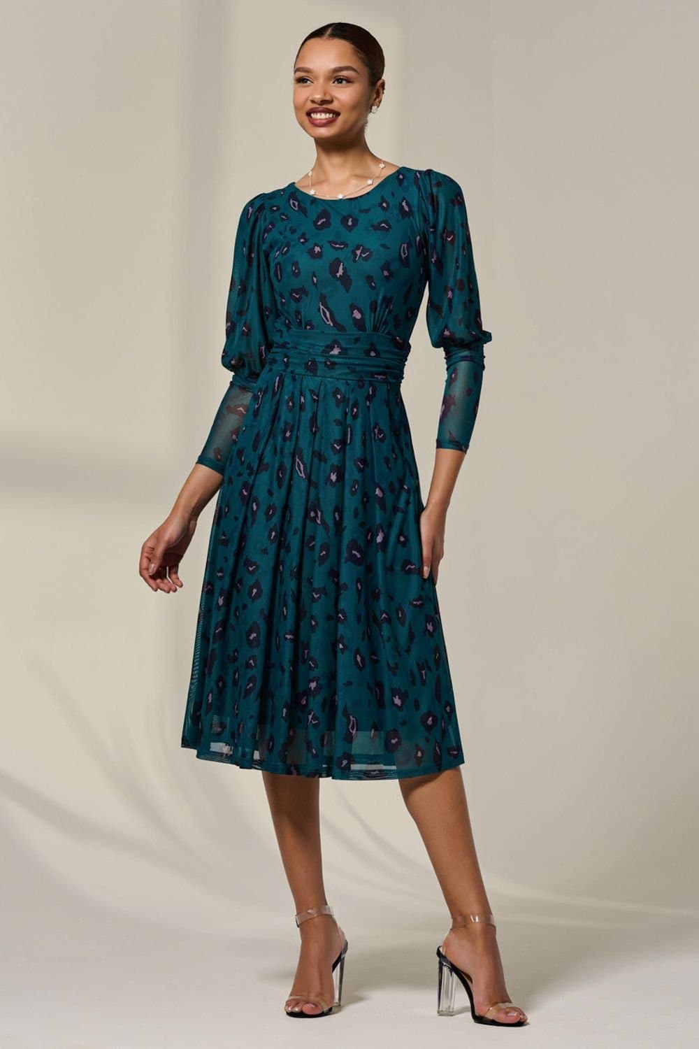 Jolie Moi Jolie Moi Women's Mesh Puff Long Sleeve Midaxi Dress in Dark Green