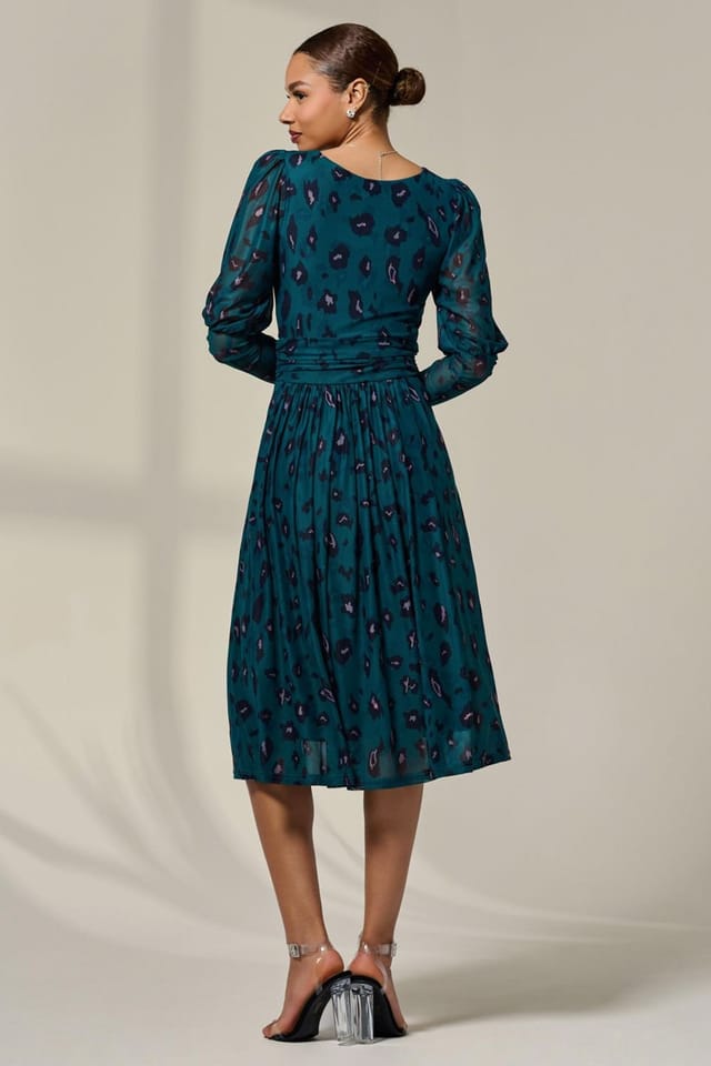 Jolie Moi Jolie Moi Women's Mesh Puff Long Sleeve Midaxi Dress in Dark Green - 2