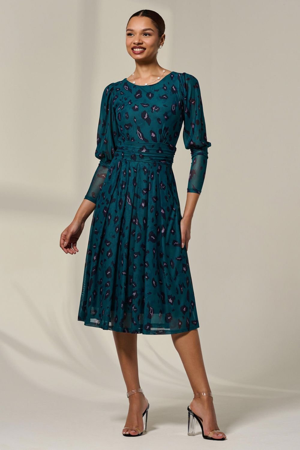 Jolie Moi Jolie Moi Women's Mesh Puff Long Sleeve Midaxi Dress in Dark Green - 3