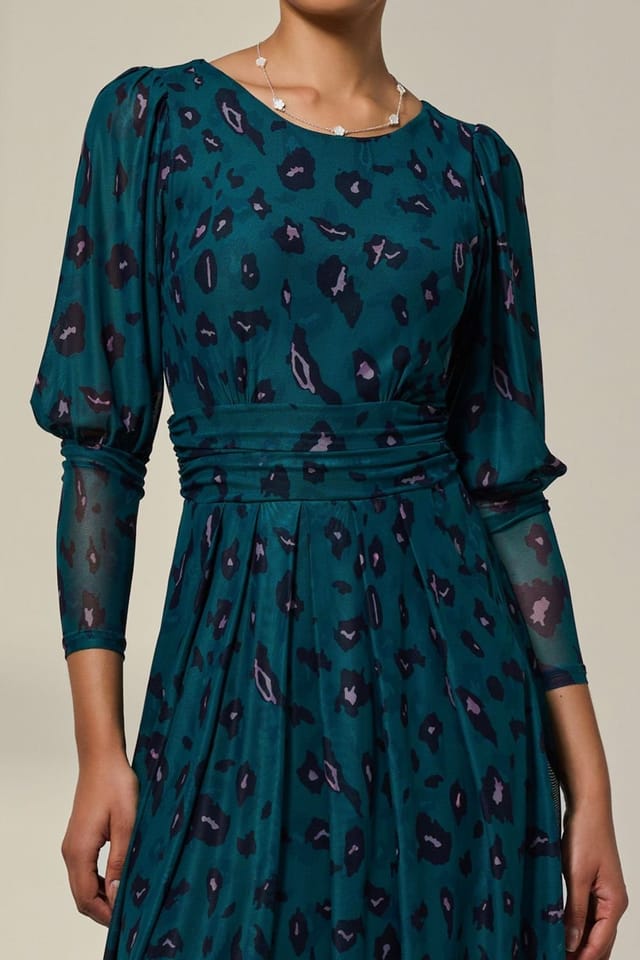 Jolie Moi Jolie Moi Women's Mesh Puff Long Sleeve Midaxi Dress in Dark Green - 3