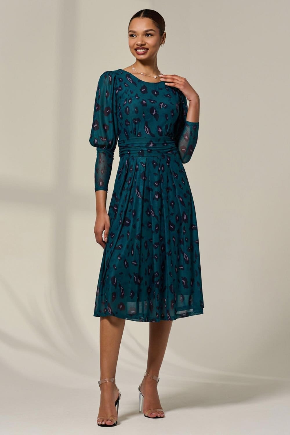 Jolie Moi Jolie Moi Women's Mesh Puff Long Sleeve Midaxi Dress in Dark Green - 4