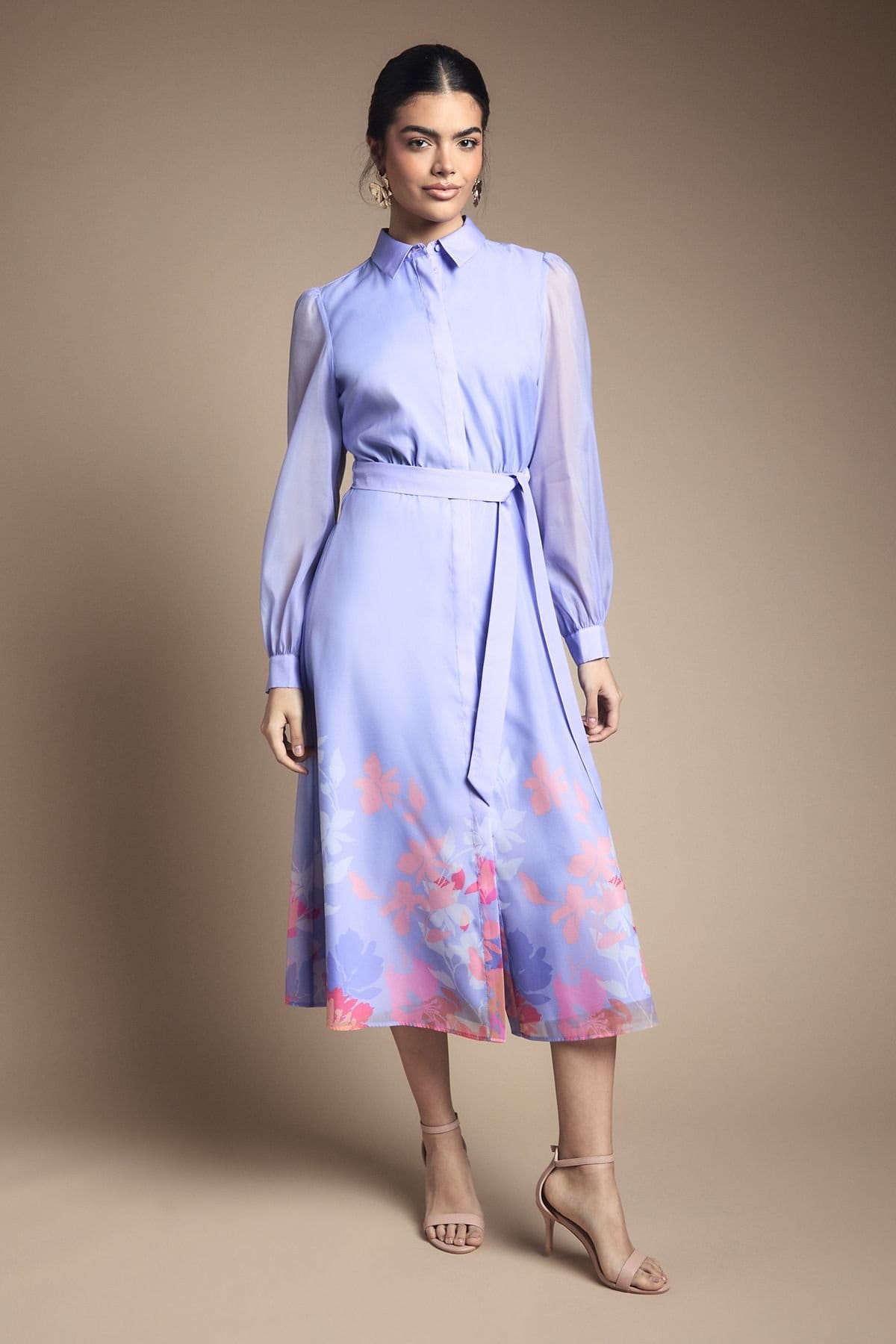 Wallis Blue Floral Organza Belted Shirt Dress