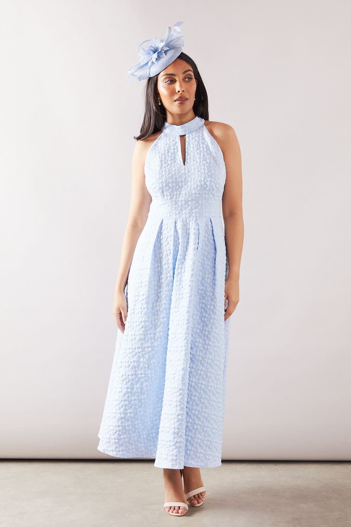 Wallis Wallis Women's Petite Floral Jacquard Halterneck Midaxi Dress in Blue