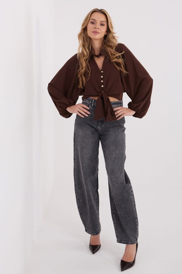 Love Lace Love Lace Women's Elegant Classic Long Sleeve Shirt with Tie in Brown - 2