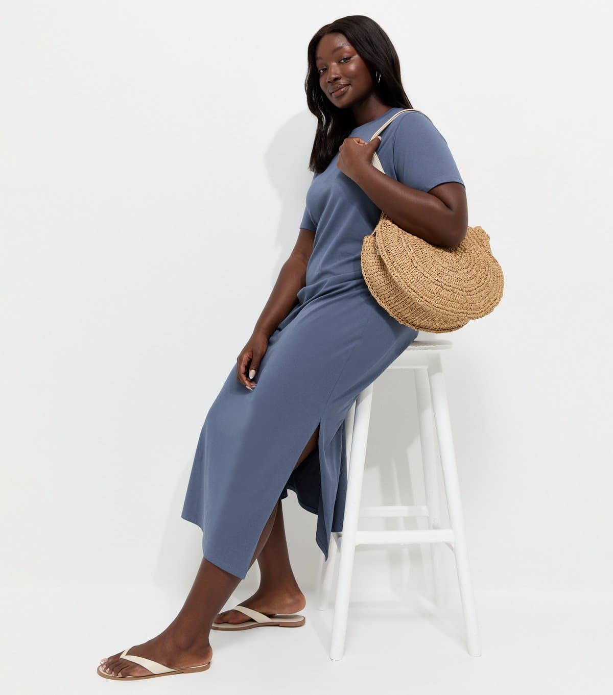 New Look Women's Plus Size Navy Cotton Rich Ruched T-Shirt Midi Dress Curves New Look