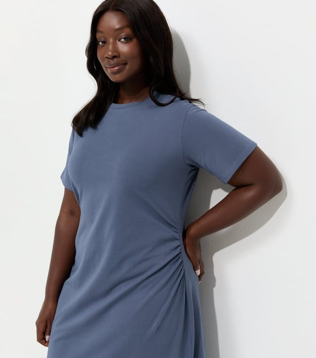 New Look Women's Plus Size Navy Cotton Rich Ruched T-Shirt Midi Dress Curves New Look - 3