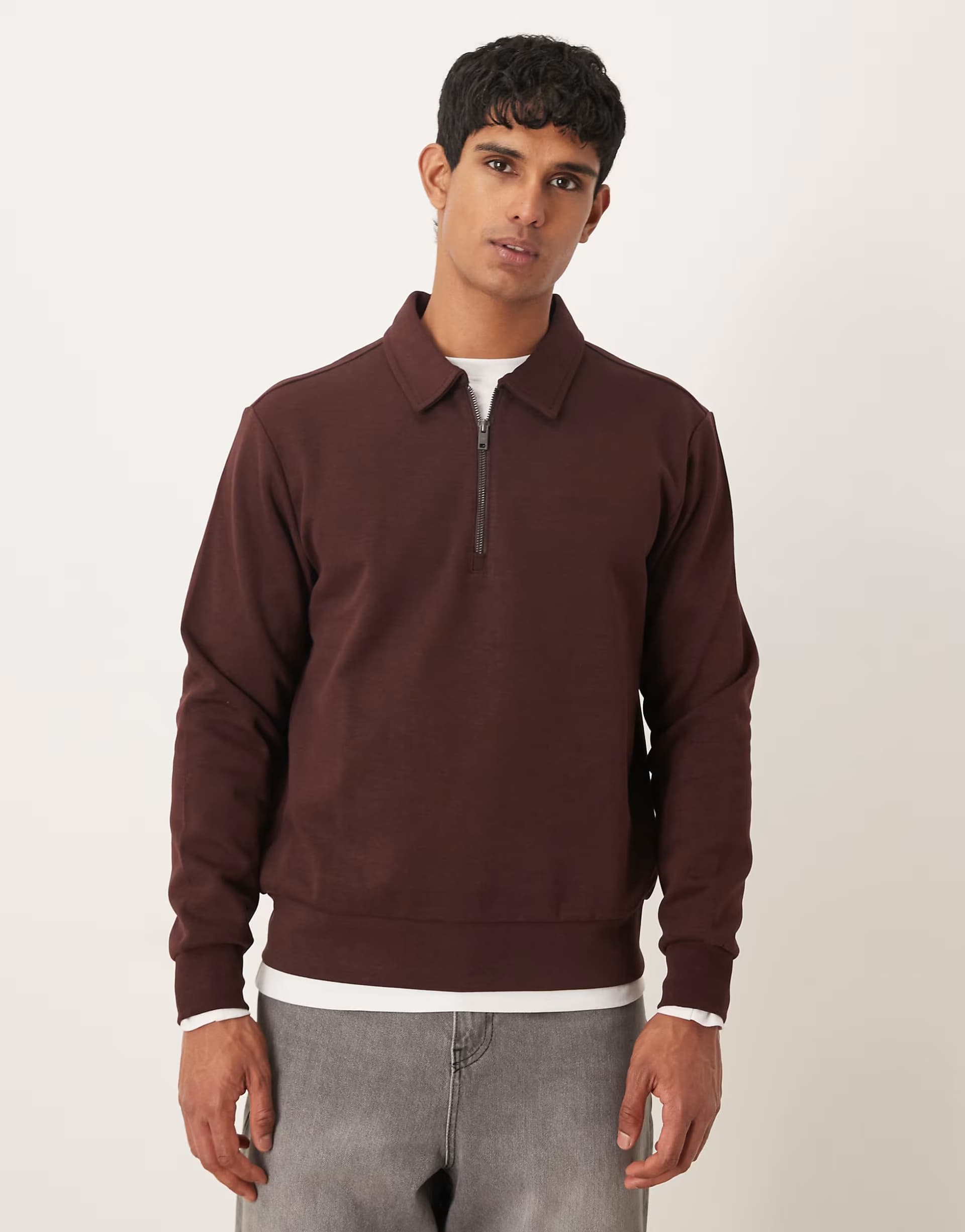 ASOS Mango cotton mix quarter zip top in burgundy