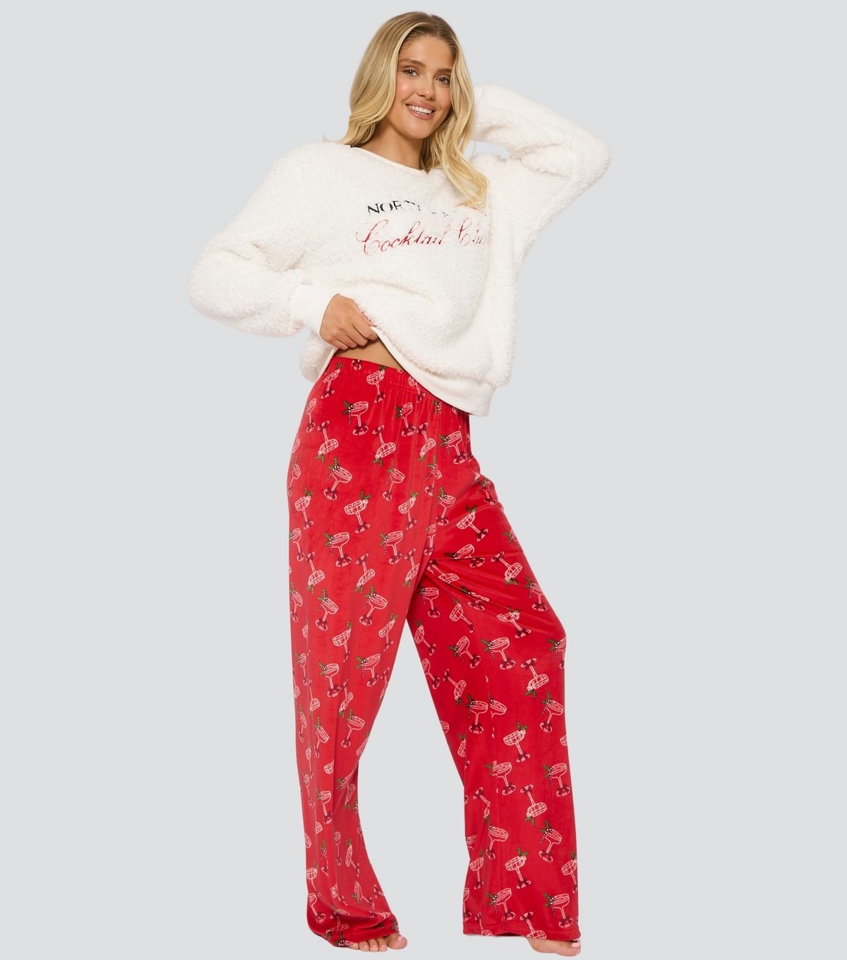 Loungeable Women's Christmas Cocktail Club Borg Jumper and Velour Trousers Lounge Set Loungeable New Look - 2