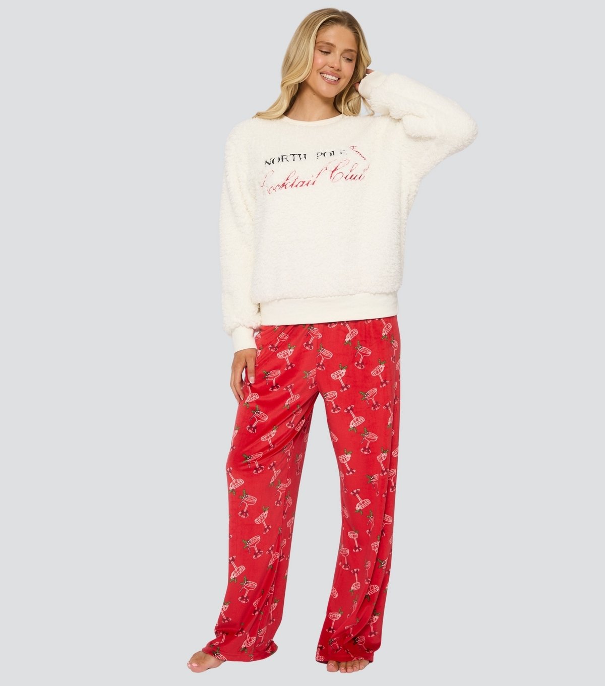 Loungeable Women's Christmas Cocktail Club Borg Jumper and Velour Trousers Lounge Set Loungeable New Look - 4