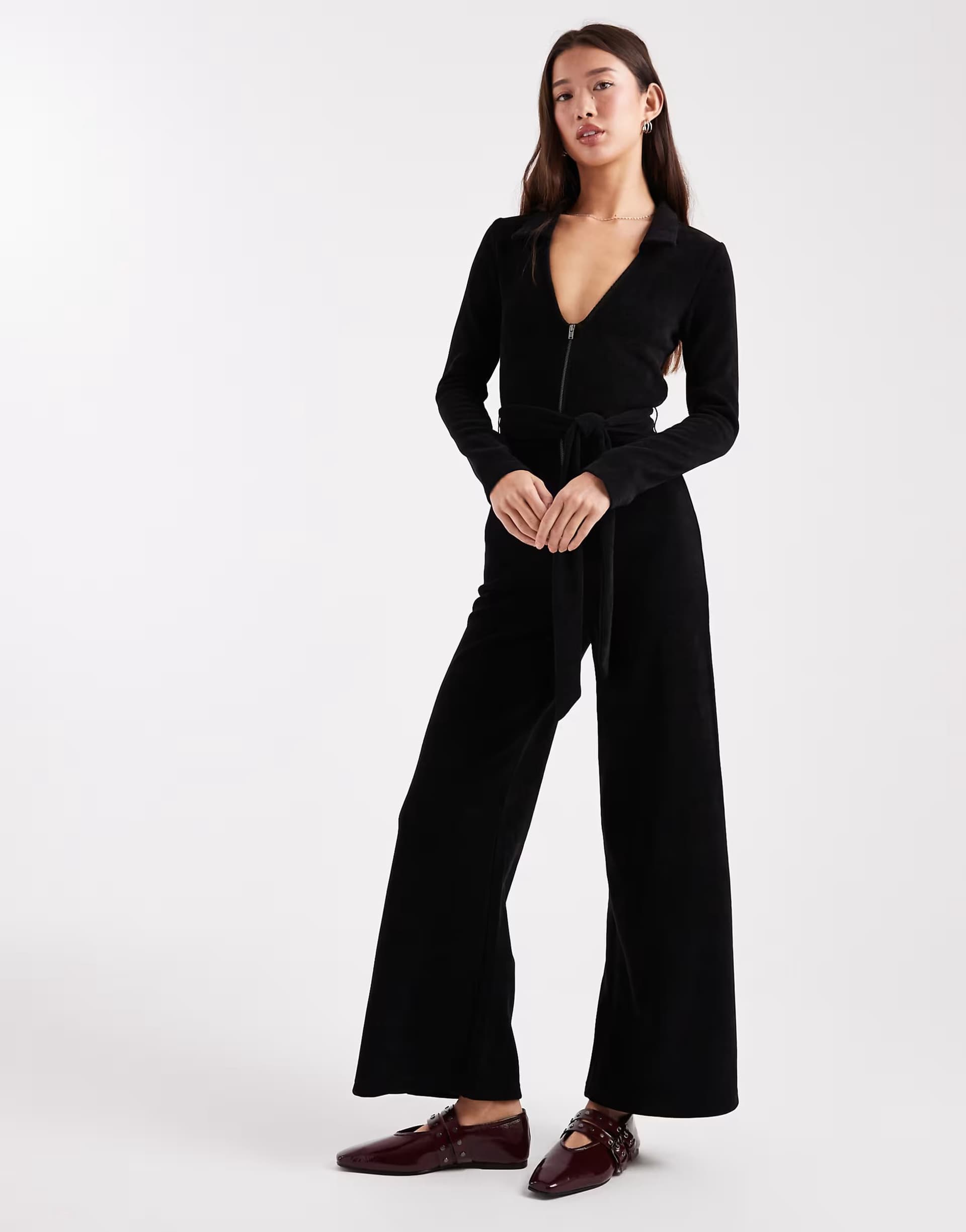ASOS ASOS DESIGN cord zip collared wide leg jumpsuit in black