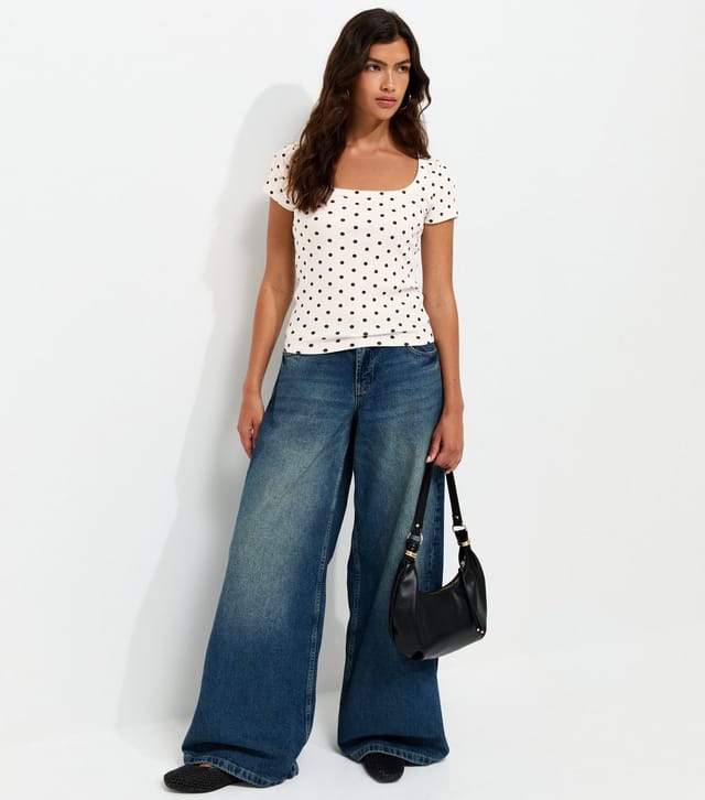 New Look Women's Cream Cotton Rich Polka Dot Square Neck T-Shirt New Look - 3