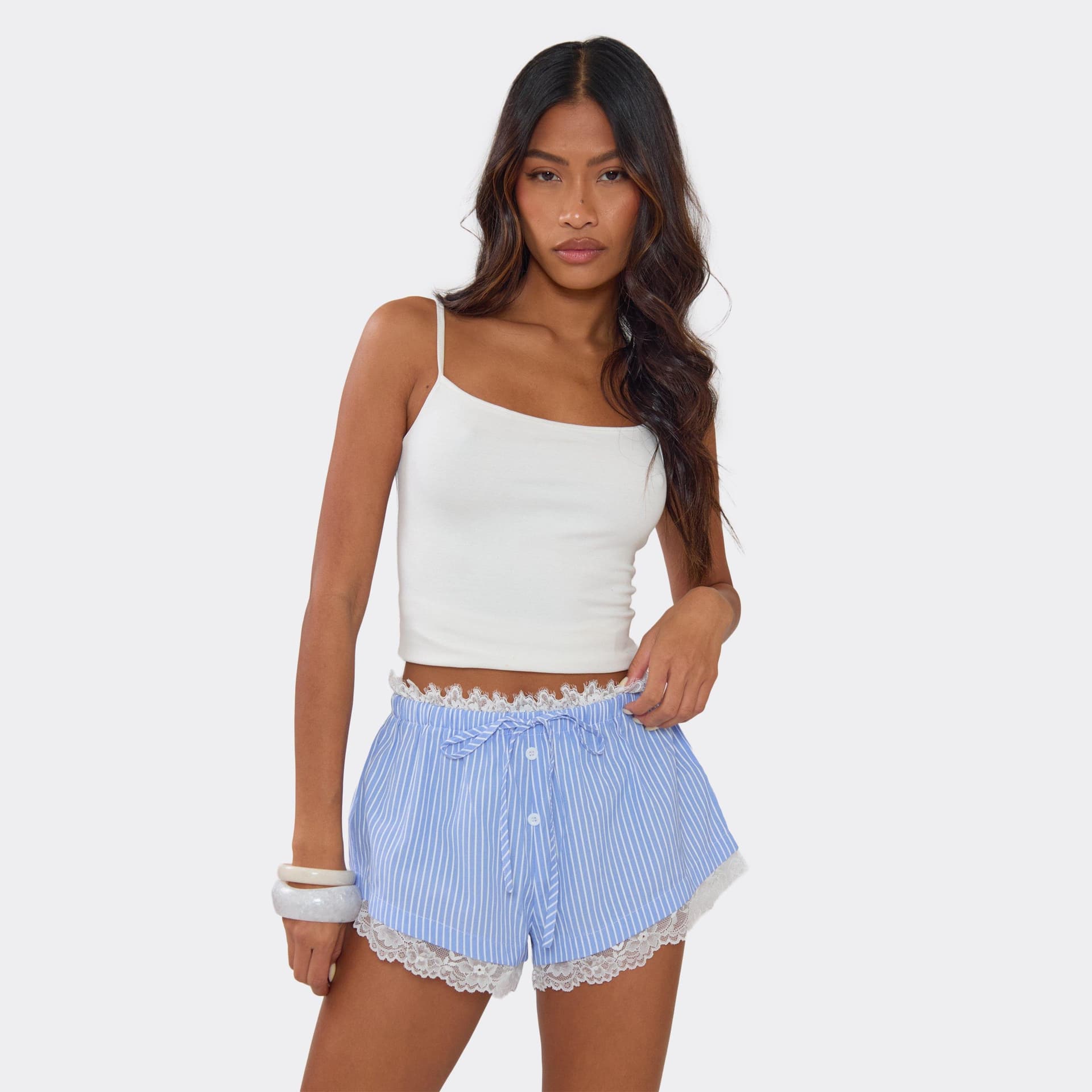 EGO Drawstring Waist Lace Trim Poplin Shorts In Blue Pinstripe, Women's Size UK 6