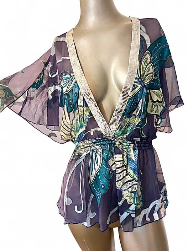 New Look Y2K sheer silk butterfly sequin batwing top 8-10