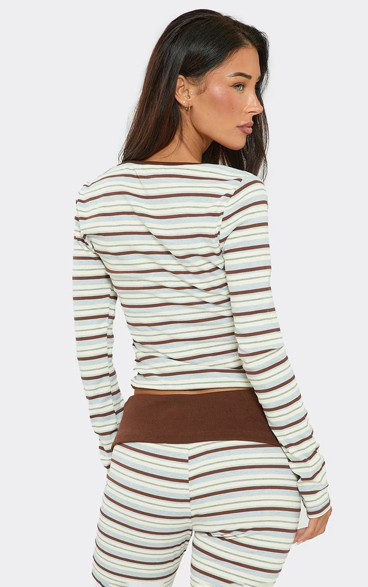 EGO Long Sleeve Button Front Top In Blue And Brown Stripe, Women's Size UK 6