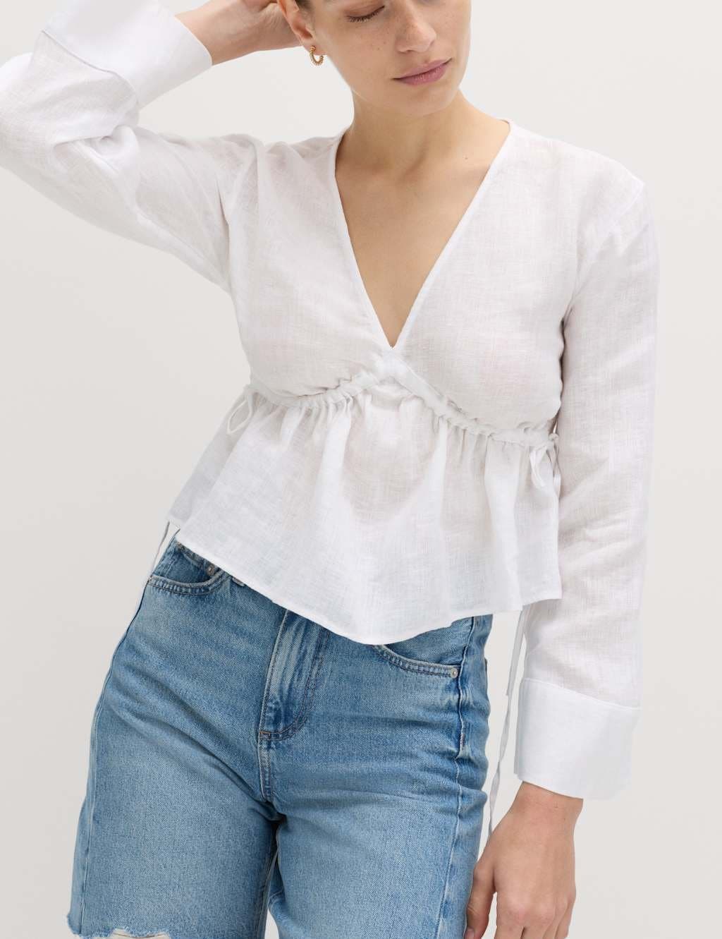 Marks & Spencer M&S Pure Linen V-Neck Peplum Top White