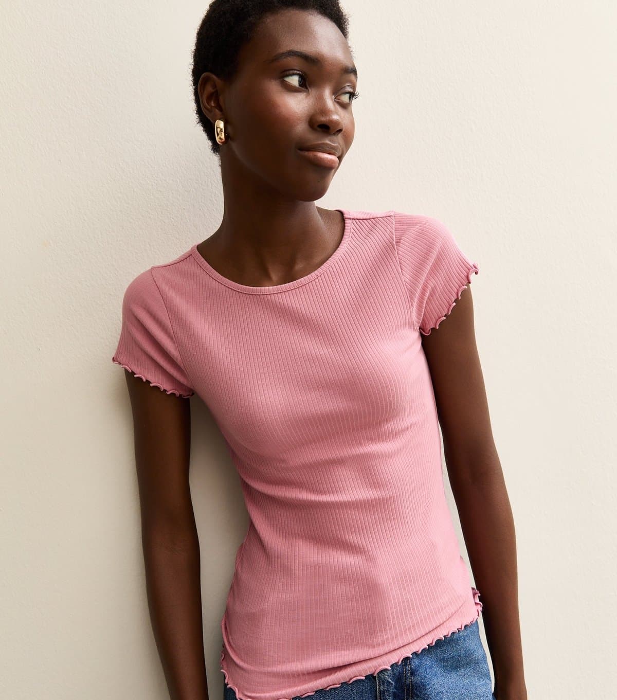 New Look Women's Tall Pink Ribbed Babylock T-Shirt New Look
