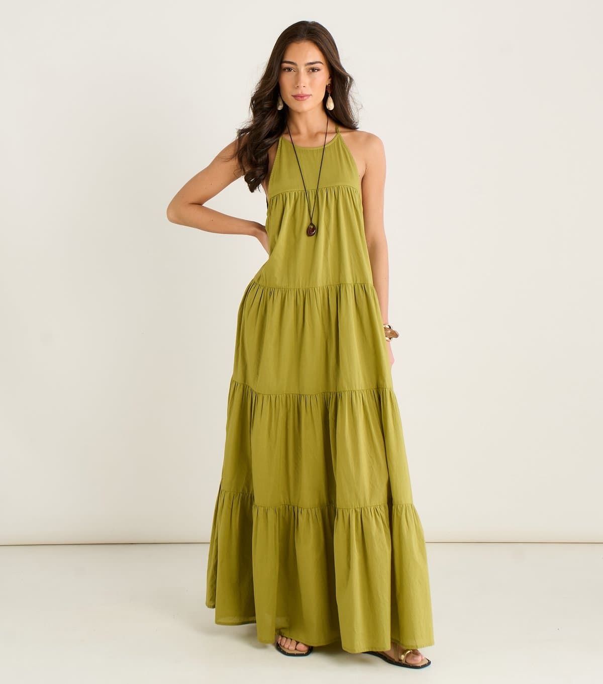 Gini London Women's Light Khaki Halter Neck Tiered Maxi Dress Gini London New Look